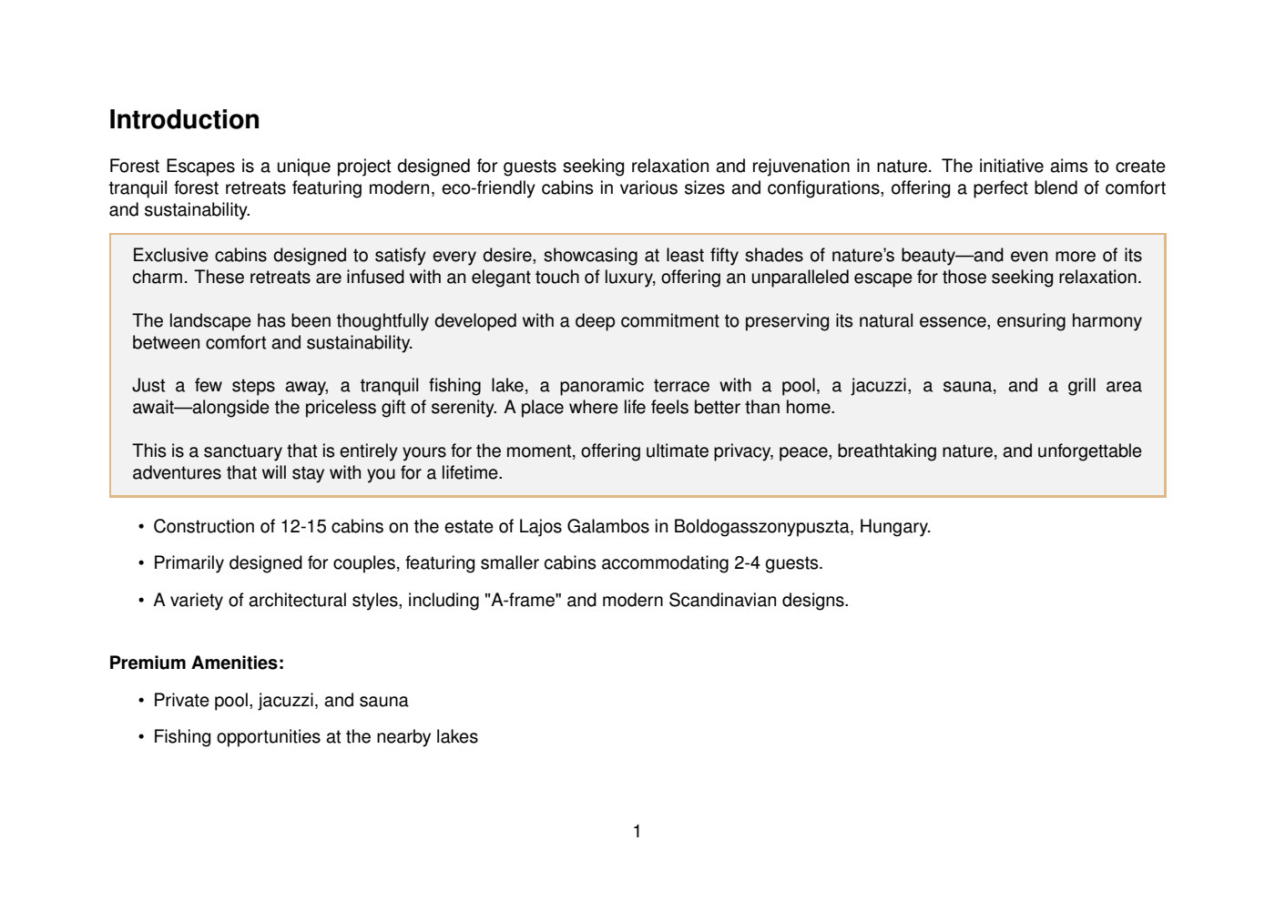 Forest Escapes business plan – page 2
