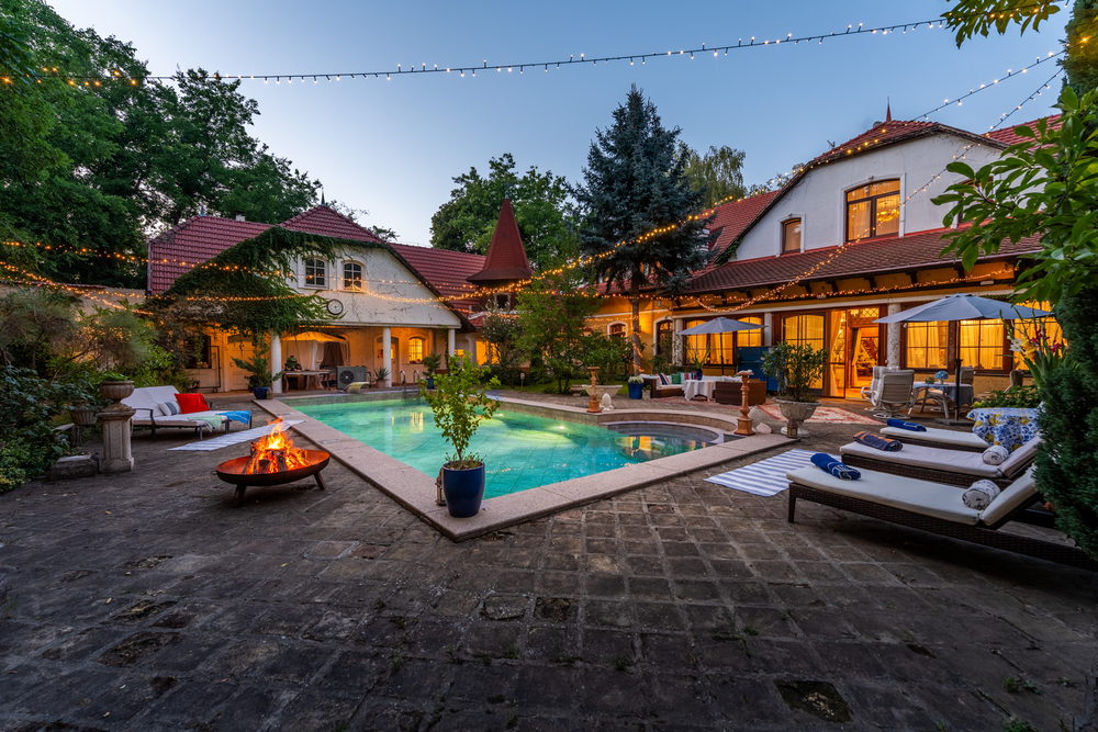 The courtyard pool at nightfall