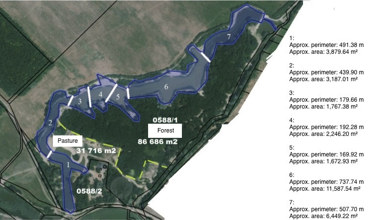 Seven-pond system — annotated aerial plan; pond measurements are approximate, not registered parcel areas